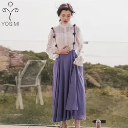 YOSIMI/2019 летние женские комплекты из 2 предметов, костюм, белая рубашка блуза с длинным рукавом + длинная юбка, комплект из двух предметов