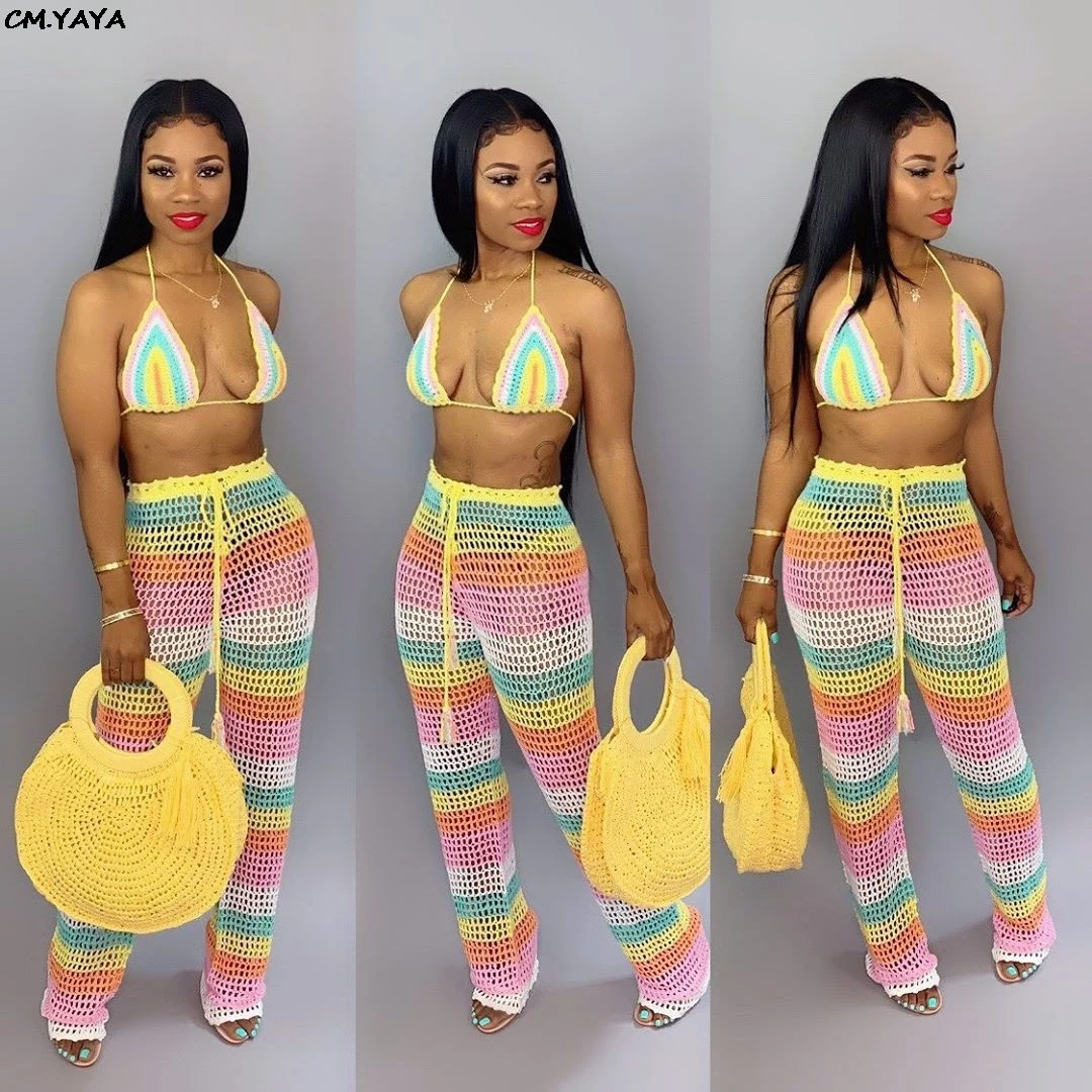 

2019 new women summer beach bohemian knitted two piece set halter v-neck crop top stripes pants suit tracksuit outfit GLSFY038