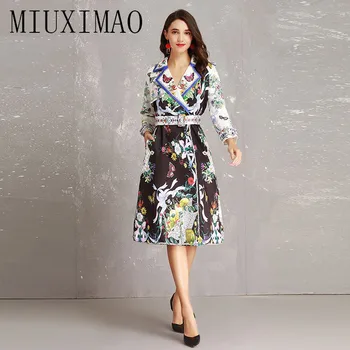

High Quality 2018 Newest Arrival Fashion Autumn Casual A-Line Notched Full Sleeve Sashes And Floral Mid-Calf Elegant Dress Women