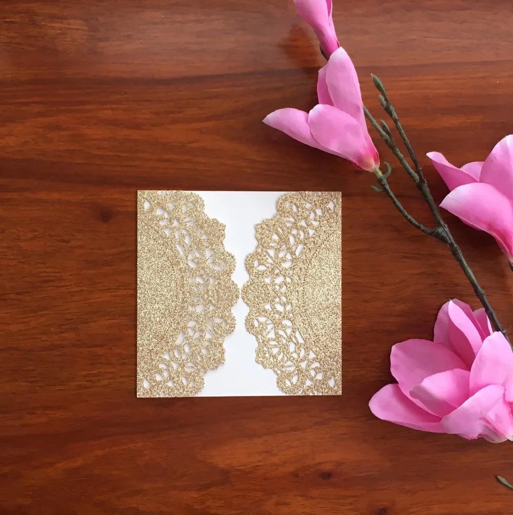 Лазерная резка под заказ блестящие золотые свадебные пригласительные открытки с лентой и биркой, приглашения на свадьбу, 100 шт, экспресс