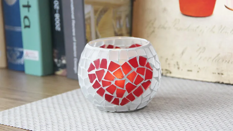 

Color Glass Red Heart Mosaic With HandMade Candle Holders For Bar/Valentines' Day
