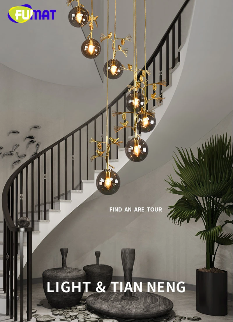 16 FUMAT Artichoke Bird Gold Glass Ball Ceiling Lamp Chandelier Spiral Staircase Villa G4 LED Modern Style Penthouse Layers Lights