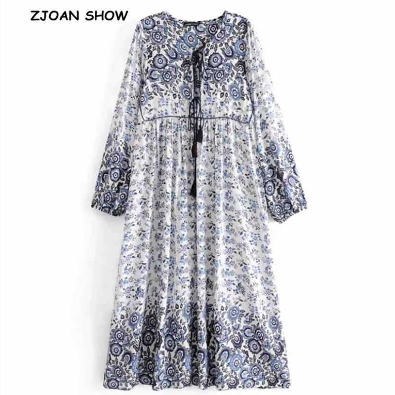 

2019 Bohemian Lace up V neck Blue White floral Print Dress Turquoise Red Ethnic Woman Tassel Long Sleeve Holiday Long Dresses