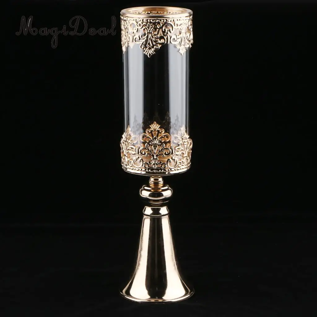 Antique Gold Metal Pedestal Candle Holder with Glass Flower Vase Crystal Draped Pillar Stand Accent Display Ornament Gift