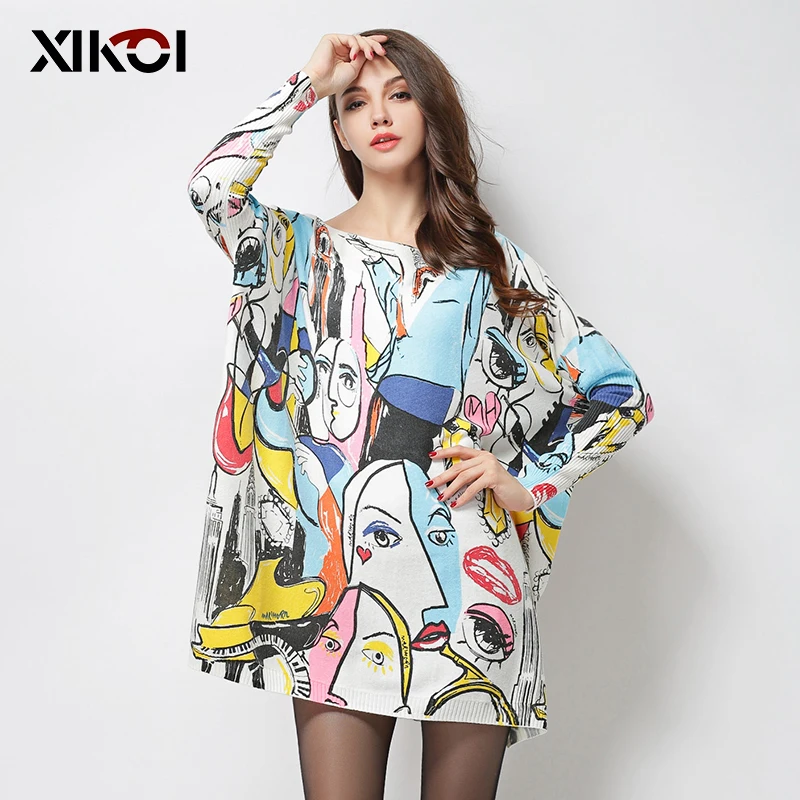 Comprar 2019 otoño nuevo de gran tamaño suéter de punto de mujer Jersey largo para mujer de invierno de las señoras de moda de impresión Sesy Top con cuello oblicuo sweter