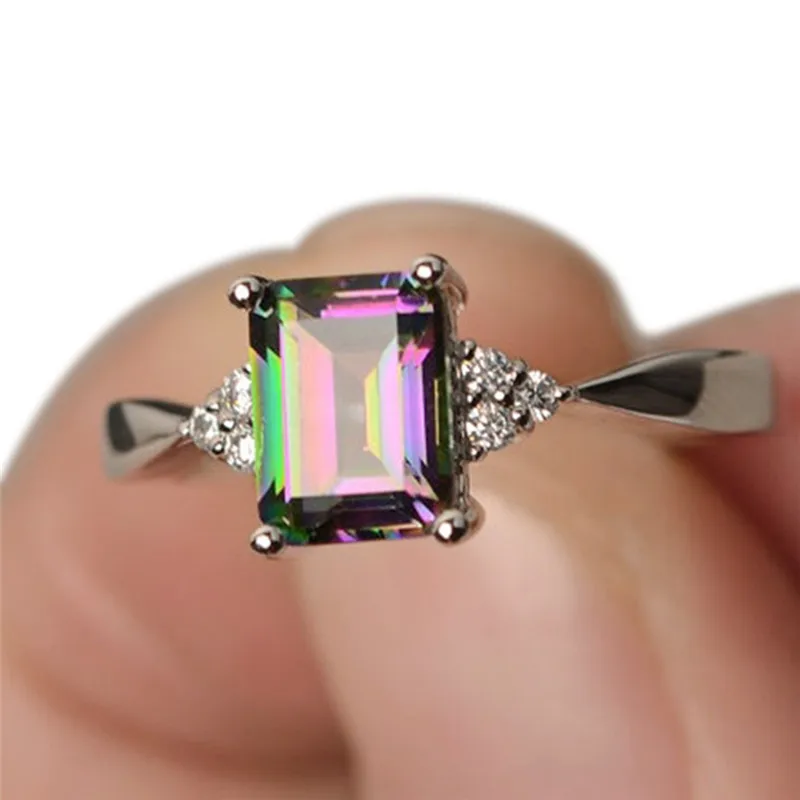 1PC Rainbow Engagement Crystal Silver Plated Ring Jewelry Silver Color