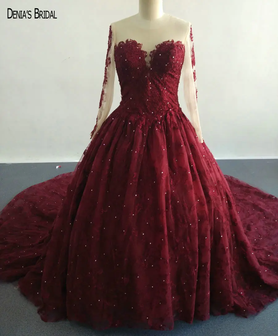 2017 Vestido De Gala De Encaje Rojo Vino Vestidos De Novia Con Cuello Redondo Sin Mangas Con Cuentas Corte De Tren Longitud Del Piso Vestidos De Novia Lace Wedding Dress Red Lace Wedding Dresswedding