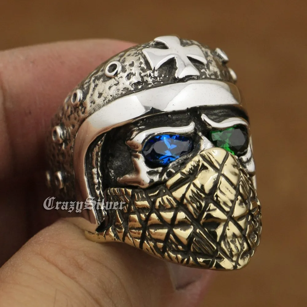 

925 Sterling Silver Motorcycle Helmet Skull Ring Blue+Green CZ Brass Mask TA29A