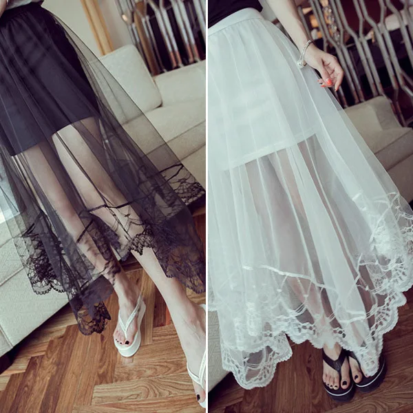 

Women Lady Gauze See Through Tulle Skirts Lace Floral Gothic Long Maxi Skirt
