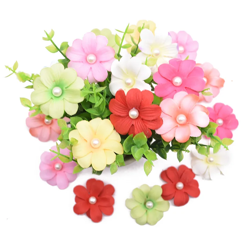 20pcs 4.5cm Silk Petals Artificial Cherry Flower Heads for Wedding Home Decoration Festival Party Fake Pearl Beaded Rose Flowers