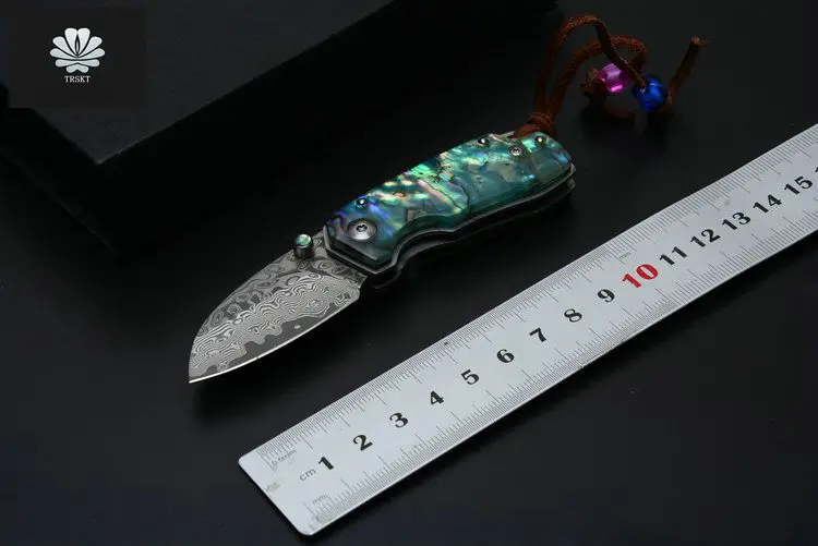 

Trskt Mini 60HRC Folding Knife Damascus Blade With Shell Handle Gift Pocket Collect knife Edc Outdoor Tool Drop Shipping