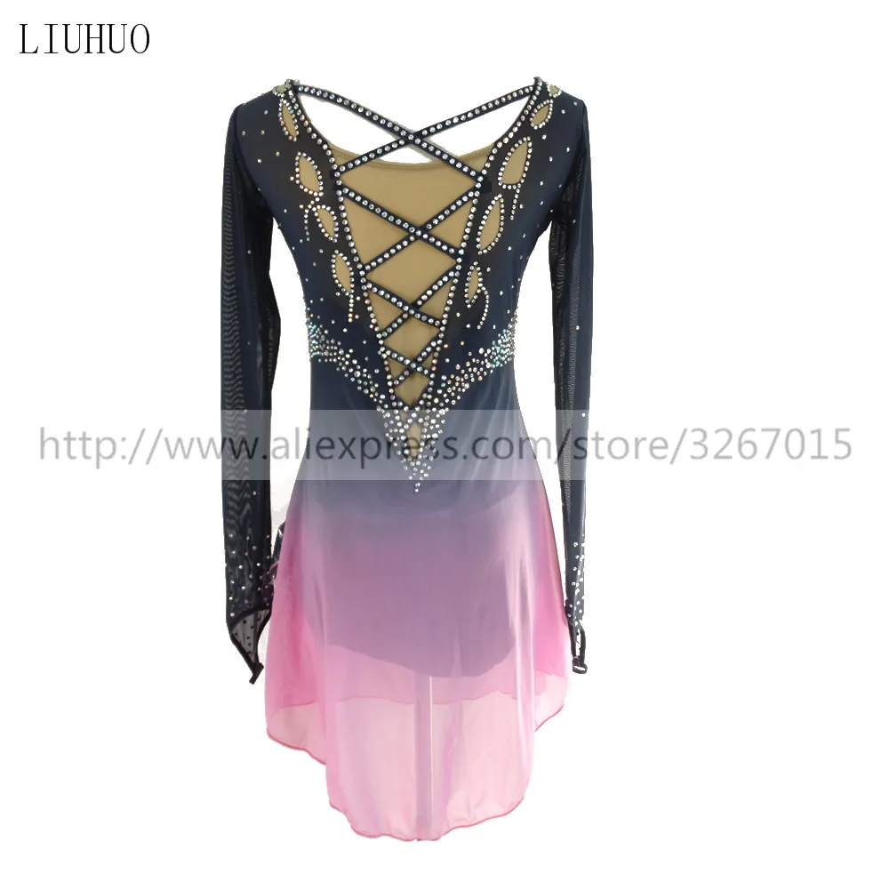  Figure Skating Dress Women's Girls' Ice Skating Dress Roller skating Competition Round neck long sleeve Dark gray light pink 