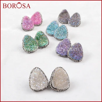 

BOROSA Rainbow Triangle Crystal Druzy Geode Stud Earrings,Handcrafted CZ Zircons Drusy Crystal Gems Silver Earrings JAB098