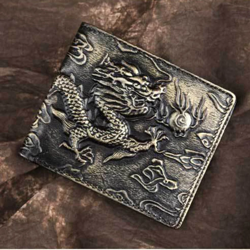 

Oil Wax Cowhide Short Wallet Chinese Style Dragon Pattern Mulit-Cards Holder Cash Clip Men Genuine Leather Money Bag Purse