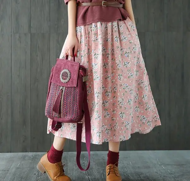 Романтическая маленькая Цветочная печать эластичная талия карман свежая трапециевидная длинная юбка Мори для девушки