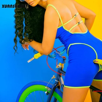 

XUANSHOW Women Clothes 2019 Backless Sportswear Women's Fitness Playsuits Skinny Neon Patchwork Biker Shorts Jumpsuit Overalls