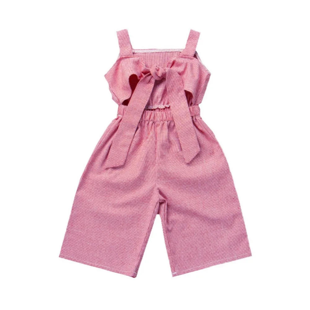

Baby Girls Children Summer Houndstooth Print Cotton Sleeveless Bow Suspenders Pants Overalls Trousers