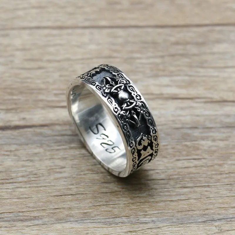 Gioielli In Argento Tailandese Retrò Buddha Scrittura Pestello Magico Anello In Argento Sterling Sei Parole Scrittura Anello Di Trasbordo Uomini