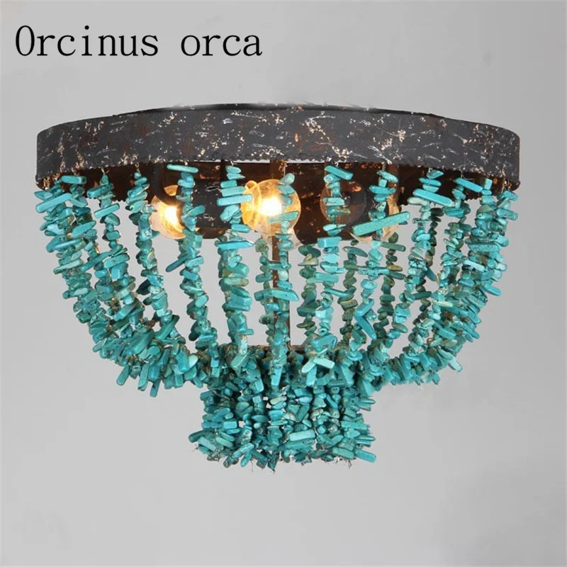 

American style retro old iron door lamp personalized round bedroom corridor aisle balcony blue stone ceiling lamp