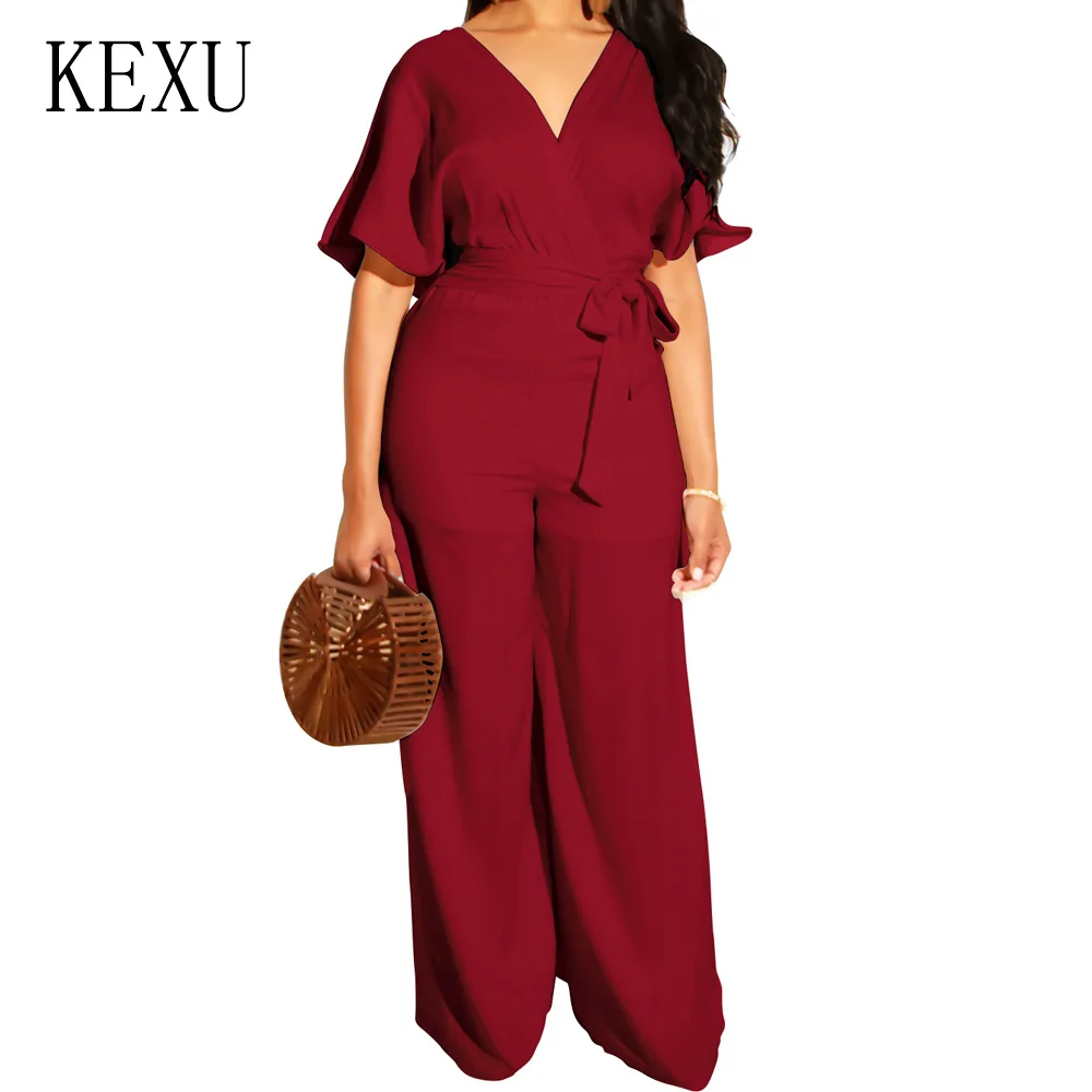 

KEXU Women Short Sleeve Sexy V Neck Summer Jumpsuit Fashion Black Wide Leg Long Pants Bodysuit Causal Rompers Macacao Feminino