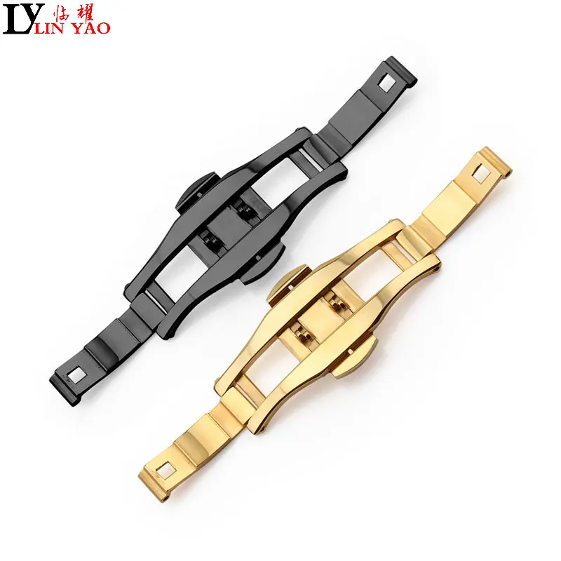 New Stainless Steel Belt Buckle Double Push Button Watchband Folding Butterfly Deployment Watch Bands Strap Clasp 2