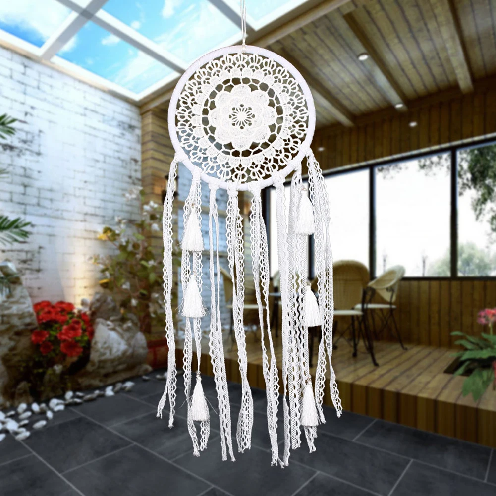 

White Lace Flower Dreamcatcher Wind Chimes Indian Style Feather Craft Pendant Dream Catcher Creative Car Hanging Decoration