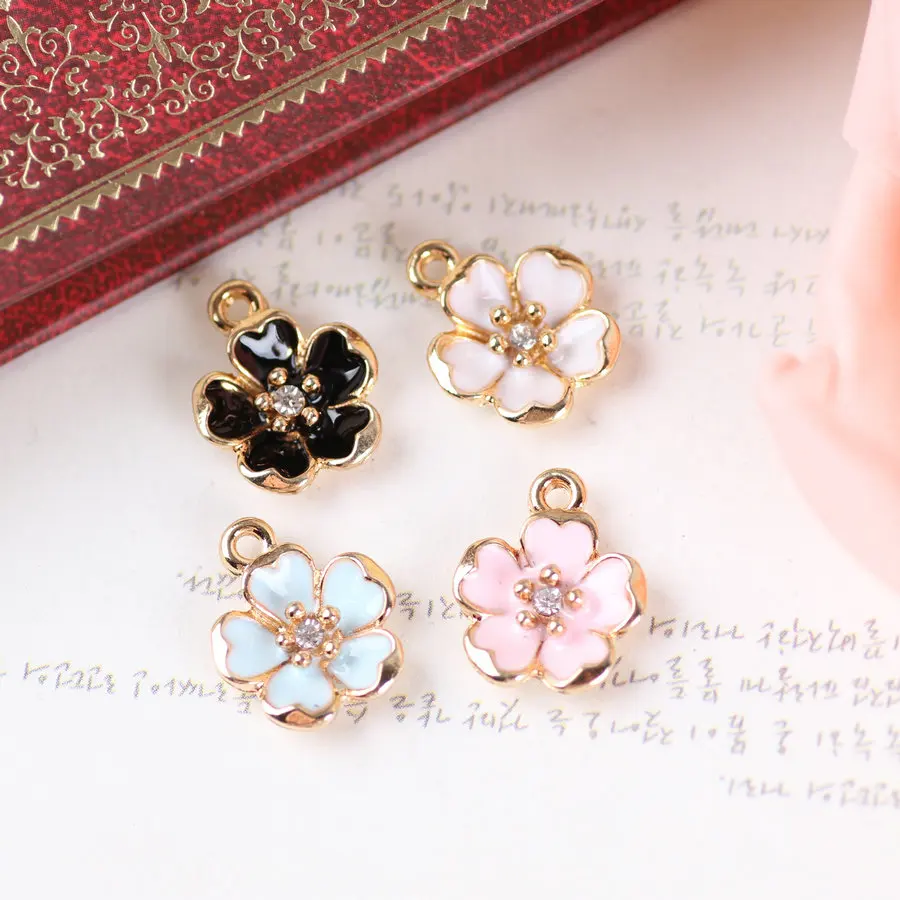 

Free Shipping 50PCS/Lot Mixed Color 14*17MM Gold Tone Plated Oil Drop Rhinestone Core Flower Necklace Pendant Bracelet DIY