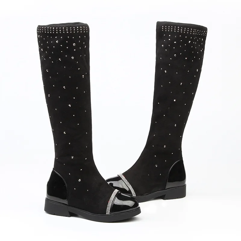 Модные детские зимние сапоги для девочек детская обувь новые осенние черные сапоги выше колена для девочек Теплые резиновые сапоги из искусственной кожи