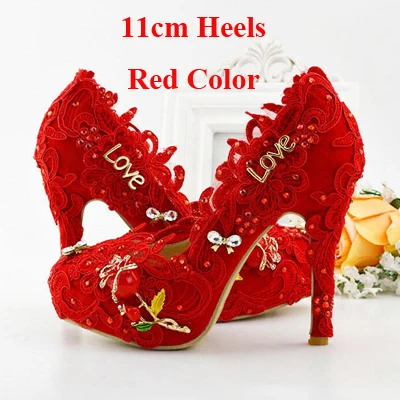 Последние красивые белые Кружево Свадебная обувь Для женщин Насосы моды ручной работы невесты на высоком каблуке для церемоний для взрослых Обувь для вечеринок - Цвет: Red 11cm Heels
