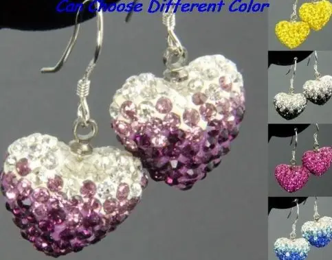 

5pair/lot silver plated Rhinestone clay micro pave disco mix multicolor Crystal Beads Gradient Heart drop earrings bt7