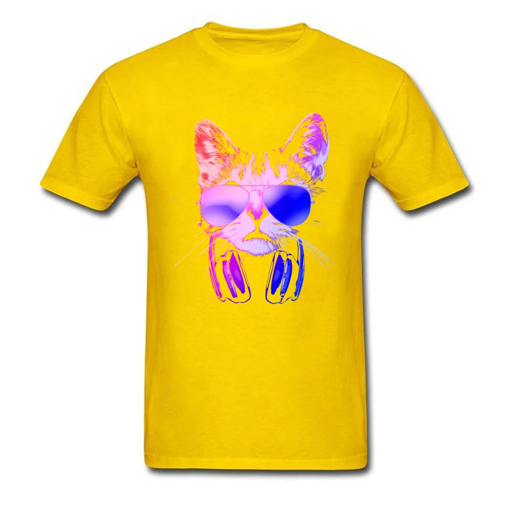 Adult 2018 Tops Shirt Crew Neck Mother Day 100% Cotton Fabric T Shirt Casual Short Sleeve Cool Neon DJ Cat Clothing Shirt Cool Neon DJ Cat yellow