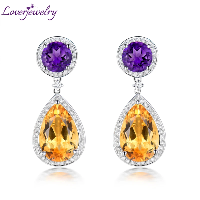

LOVERJEWELRY Drop Earrings For Lady Water Drop Earrings 750 White Gold Solid 18Kt Citrine & Purple Amethyst Earrings Women Gift