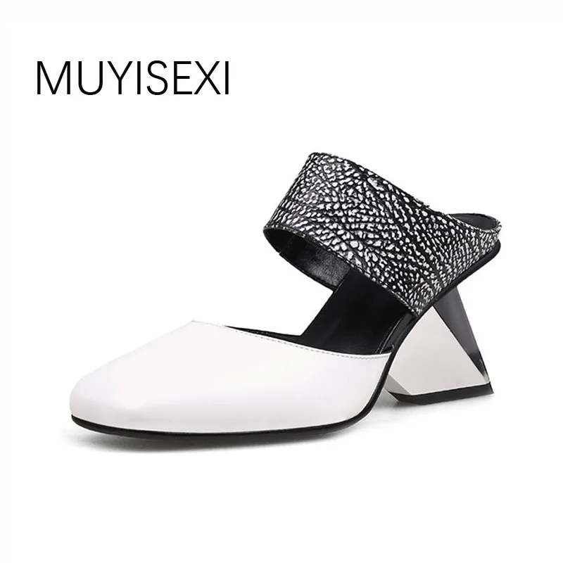 

Mules Womens Slippers Genuine Leather Women Shoes High Heel Slipper Strange Wedge Shoes Woman white black HL97 MUYISEXI