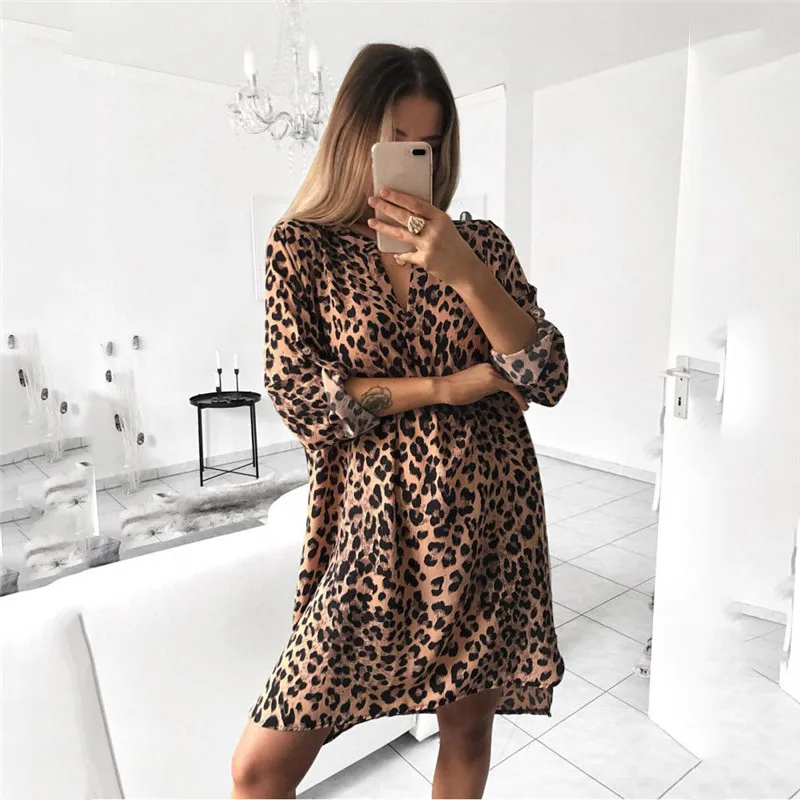 

Leopard Women V Neck Dress Fashion Sexy Long Sleeve Irregular Hem Loose Printing Straight Dresses Femme Sundress Casual Clothes