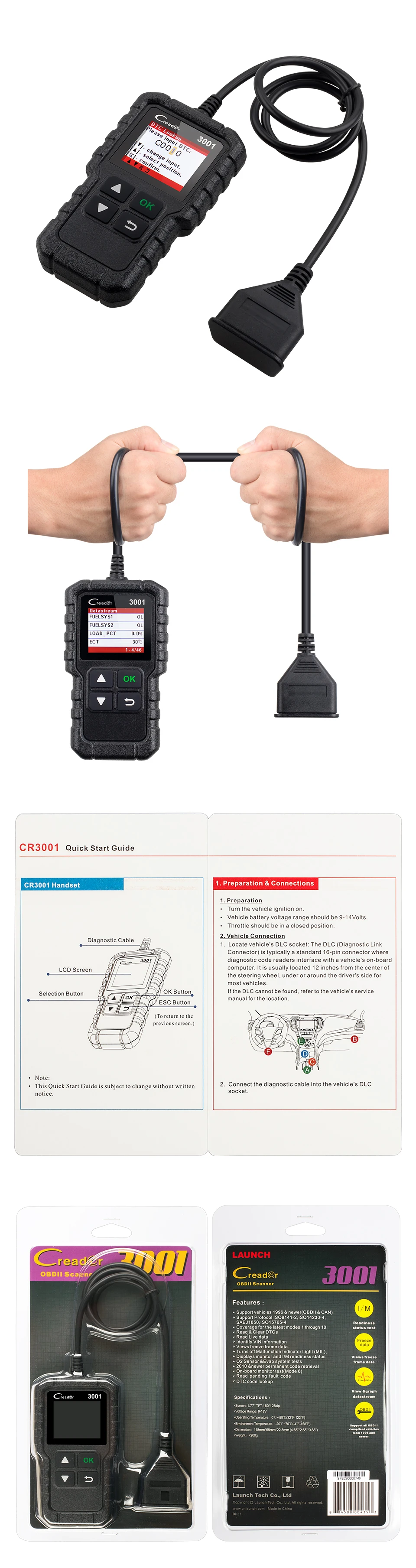 Launch CR3001 полный OBDII/EOBD функция диагностический инструмент Многоязычный сканер elm 327 OBD2 OBD как AL519/AL319/OM123/AD310/ELM327