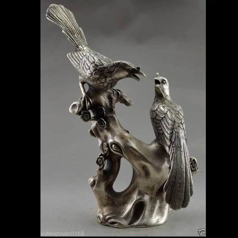 

zhmeru00452@++Collectible Decorated Handwork Tibet Silver Carve Pair Magpie On Tree Statue