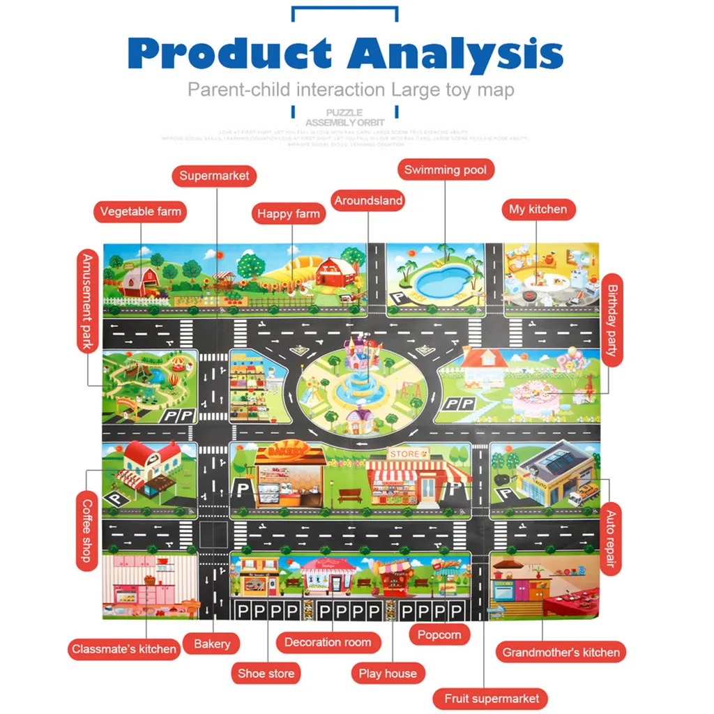 Детский игровой коврик Город дорога здания парковка карта игра сцена карта с дорожным знаком