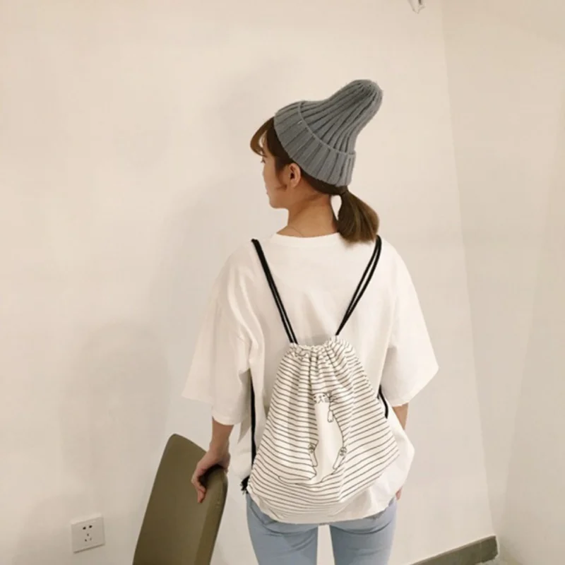 Drawstring Bags Women Stripe Canvas High Capacity Bucket Bag Backpack Shoulder Bag Fashion Casual Women Backpack 2018 New