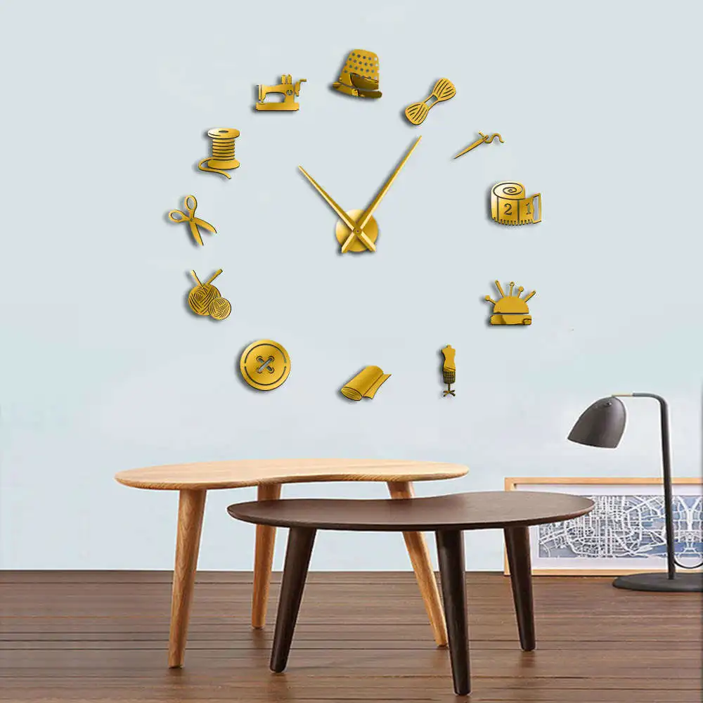 Портной магазин декоративные DIY большие настенные часы для гостиной старинная швейная машина инструменты зеркало гигантские Часы настенные наклейки