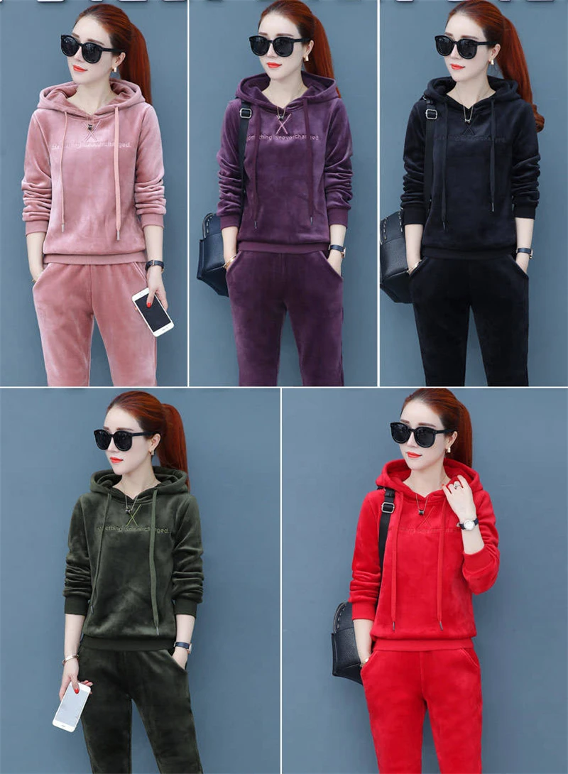 Matching Sets Autumn Plus Size Casual Loose Velvet Tracksuits 2 Pieces Set Women High Elastic Hooded Sweatshirts And Harem Pants