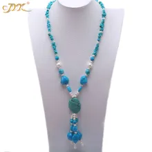 JYX Elegant Blue green Long Turquoise Necklace 5*10mm Irregular Turquoise Long Necklace Gemstone 29 Turquoise Jewelry gift faux turquoise cow engraved jewelry set