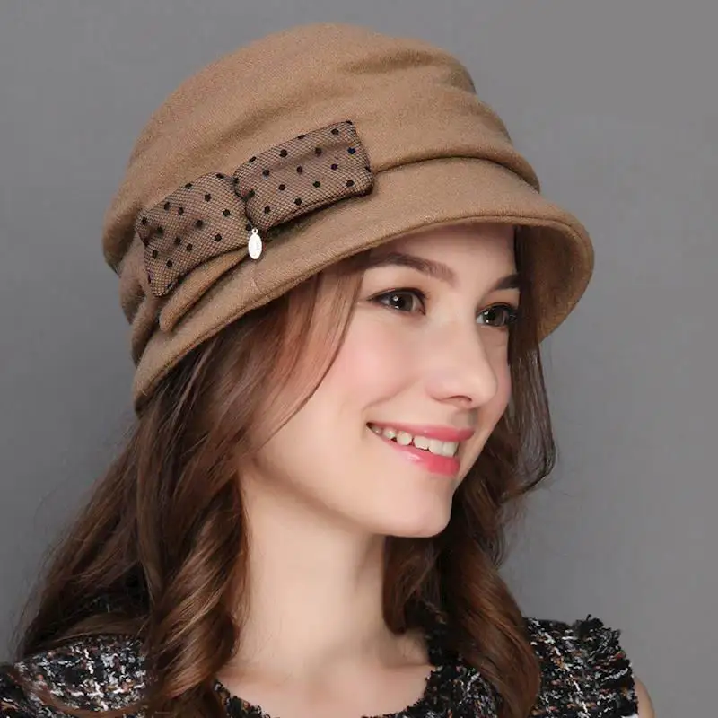 

Autumn Winter 100% Wool Wide Brim Vintage Fedora Hats Black For Women Elegant Bowknot Felt Cloche Hats M5254