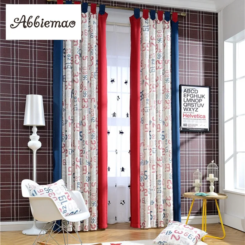 Abbiemao Cotton And Linen Curtains Digital Printing Window Drapes For Children's Room Red Blue Splicing Blackout | Дом и сад