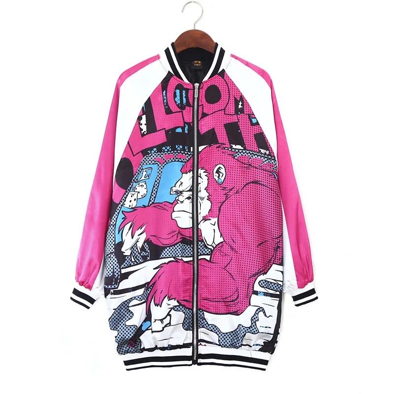 Goedkoop Vintage gorilla print treench leuke hawaii hip hop vrouwen straat jas casual rits track oversieze lente herfst basic jas