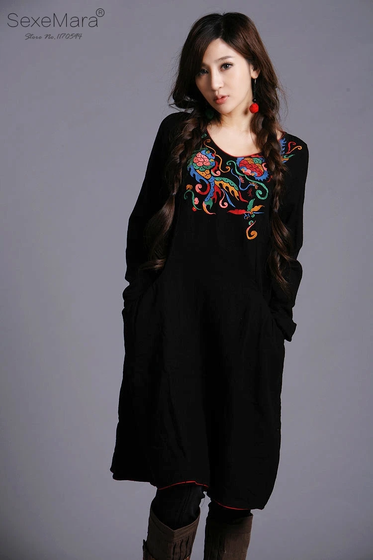 Women's Feminine Cotton Vintage Long Sleeve Black Aninal