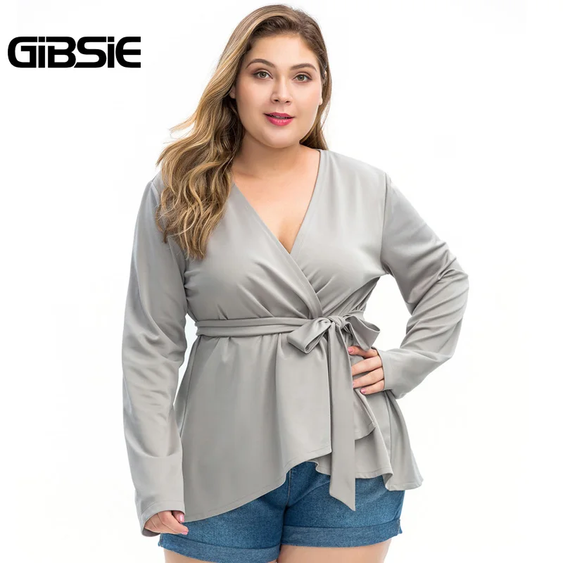 

GIBSIE Plus Size Office Lady Sexy Wrap Top Women Elegant V-Neck Long Sleeve Blouses Tops 2019 Autumn Fashion Casual Tunic Blouse