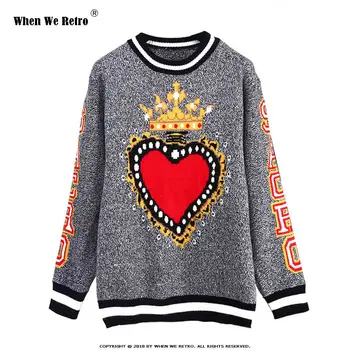 

When We Retro Runway Fashion Sweater Women 2018 New Winter Wool Pullover Heart Crown Pattern High Street Jumper Knitted Top YC07