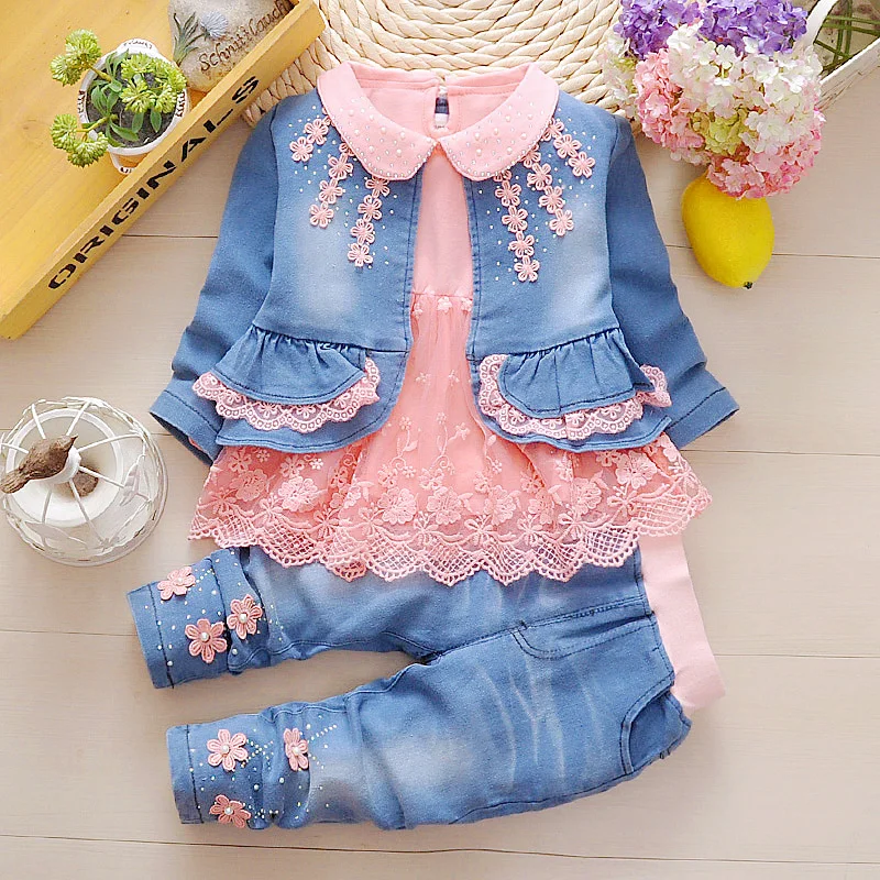 Baby Girls Clothes Set Fashion 2017 Princess 3PCS Denim Coat+Long Sleeves Shirt+Denim Pants Toddler Girls Clothing HS-039