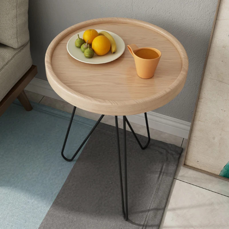 Modern Design Solid Wood Coffee Table Metal Round End Table for Living Room Side Table