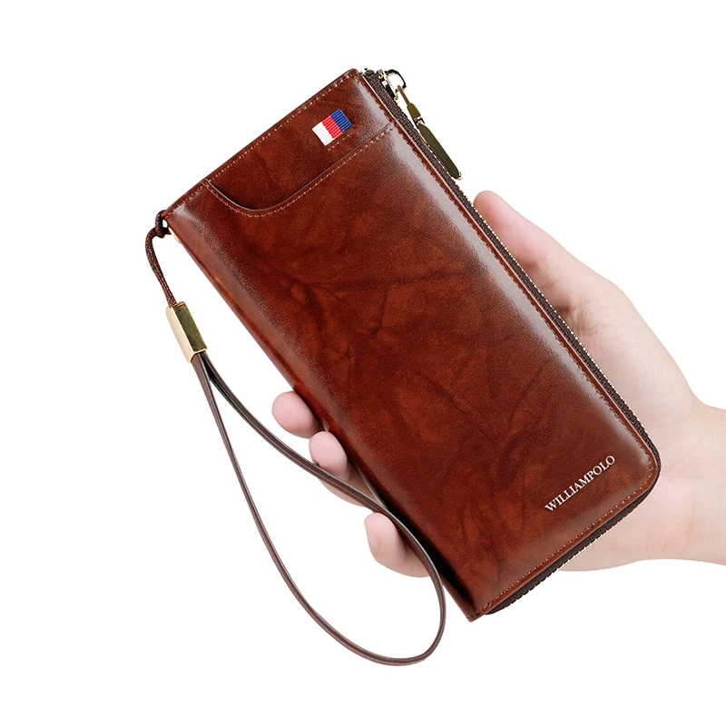 

WILLIAMPOLO New Men Wallet Long Clutch Accordion Credit Card Holder Genuine Leather Phone Purse Multi Card Case Zipper Organizer